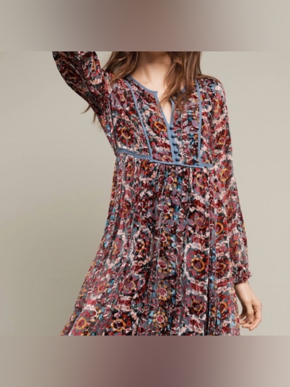 Anthropologie Floreat Abia Long-Sleeve Floral bohemian velvet peasant Dress - Picture 5 of 8
